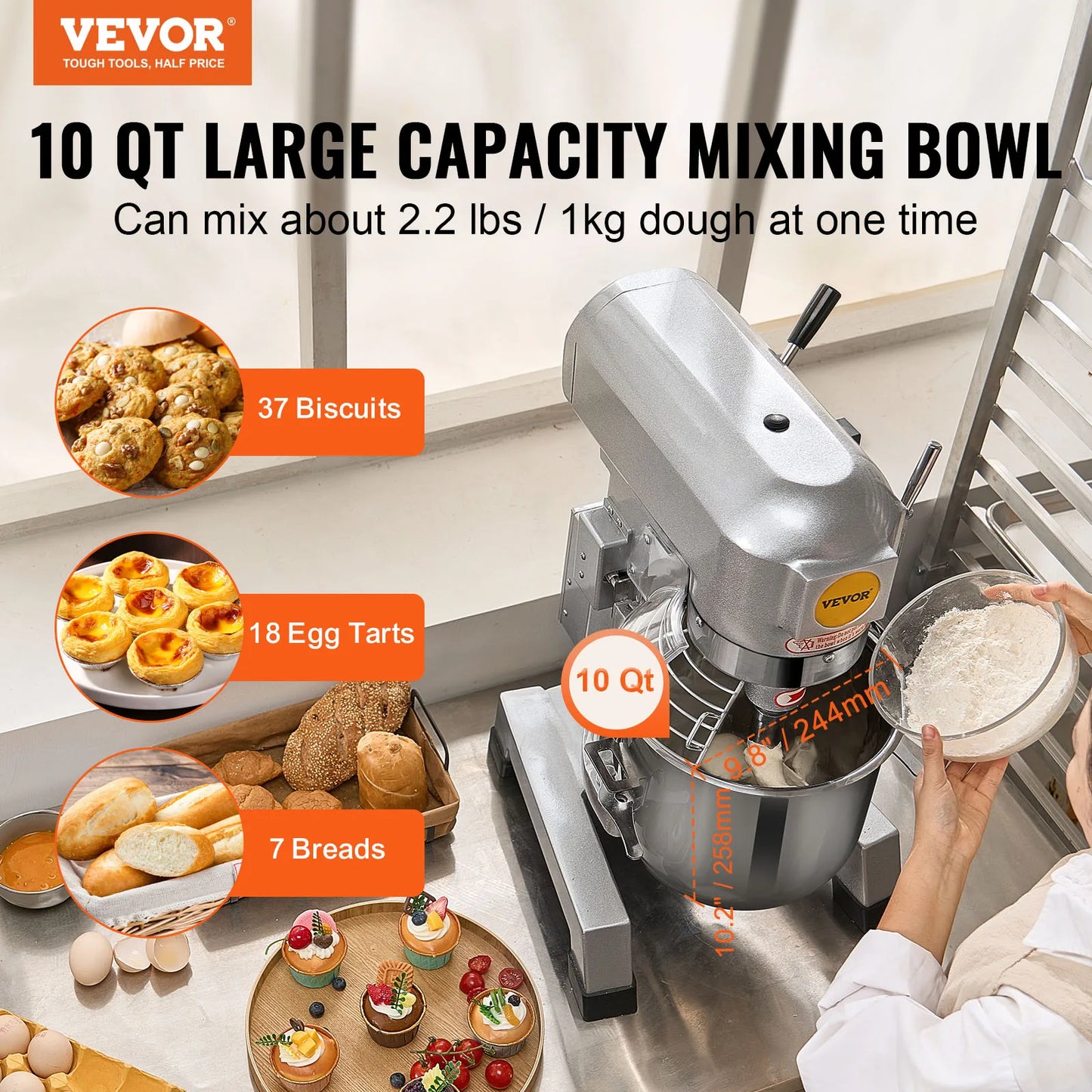 VEVOR 10L/14L/28.5L/18.7L Commercial Food Mixer Commercial Stand Mixer with 3 Adjustable Speeds 550W 1100W Dough Mixer