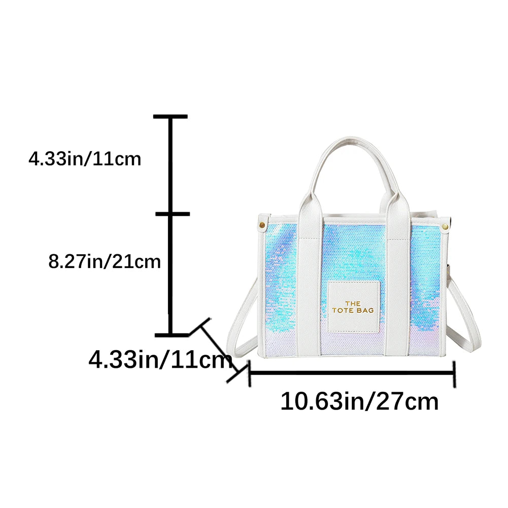 New The Tote Bag Letter Printed Sequins Top-Handle Bag Women Leather Handbag Luxury Designer Glitter Shoulder Crossbody Bag 2023