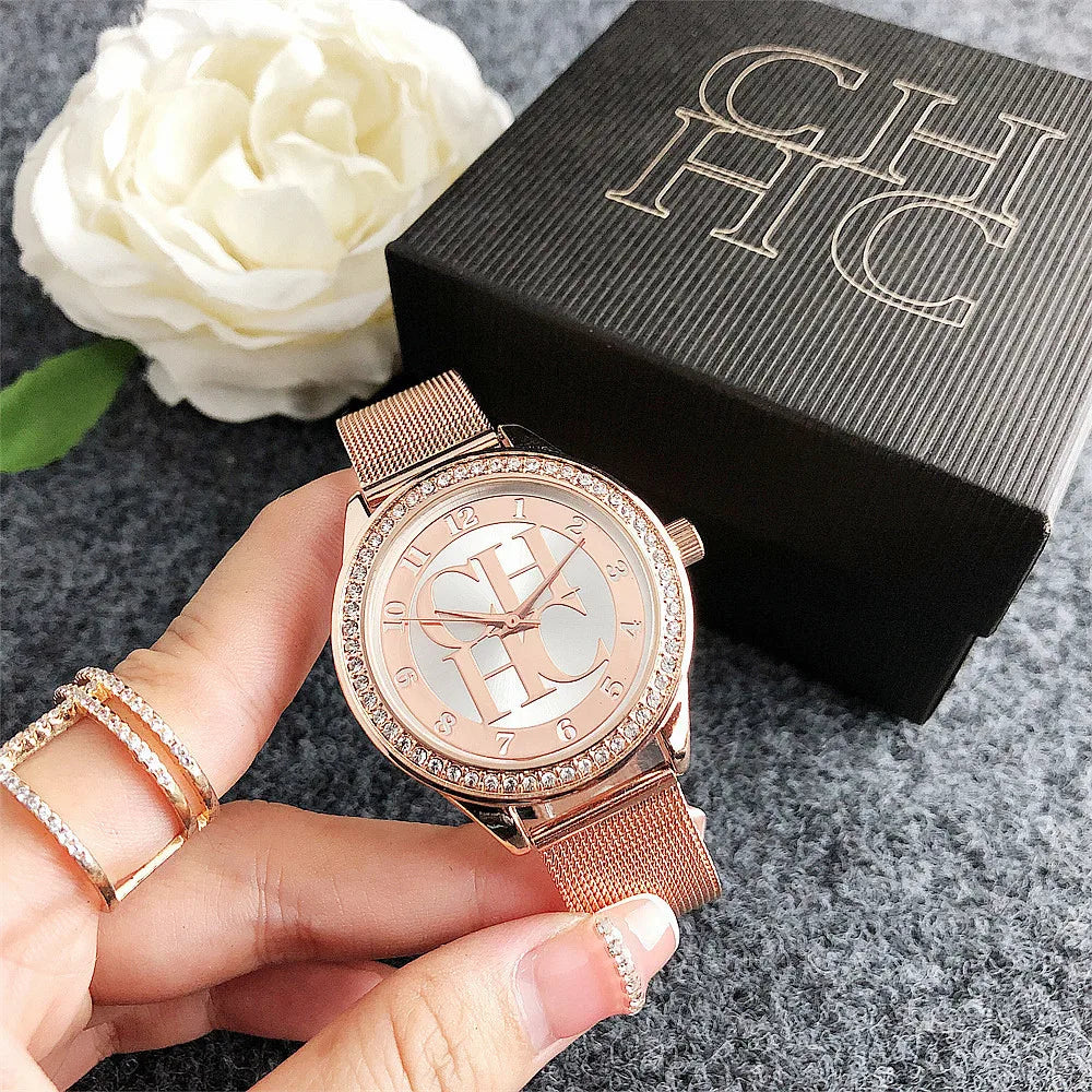 Carolina Herrera Elegant Logo Fashion Mesh Crystal Watch Design Sense Brand Stainless Steel Women's Watch Temperament High-end Diamond Watch FREE SHIPPING
