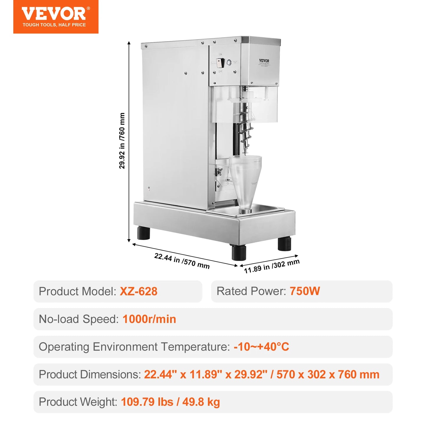 VEVOR Ice Cream Blender 750W High-Speed Ice Cream Maker Mixer Stir Machine 304 Stainless Steel Ice Cream Shaker with Long Handle
