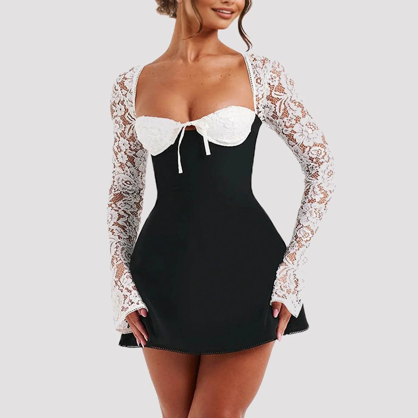 Women’s Elegant Bodycon Mini Dress Lace Long Sleeve White Dress For Spring Summer Low Cut Back Tie Dress Tunic Dress Party Wear Free Shipping