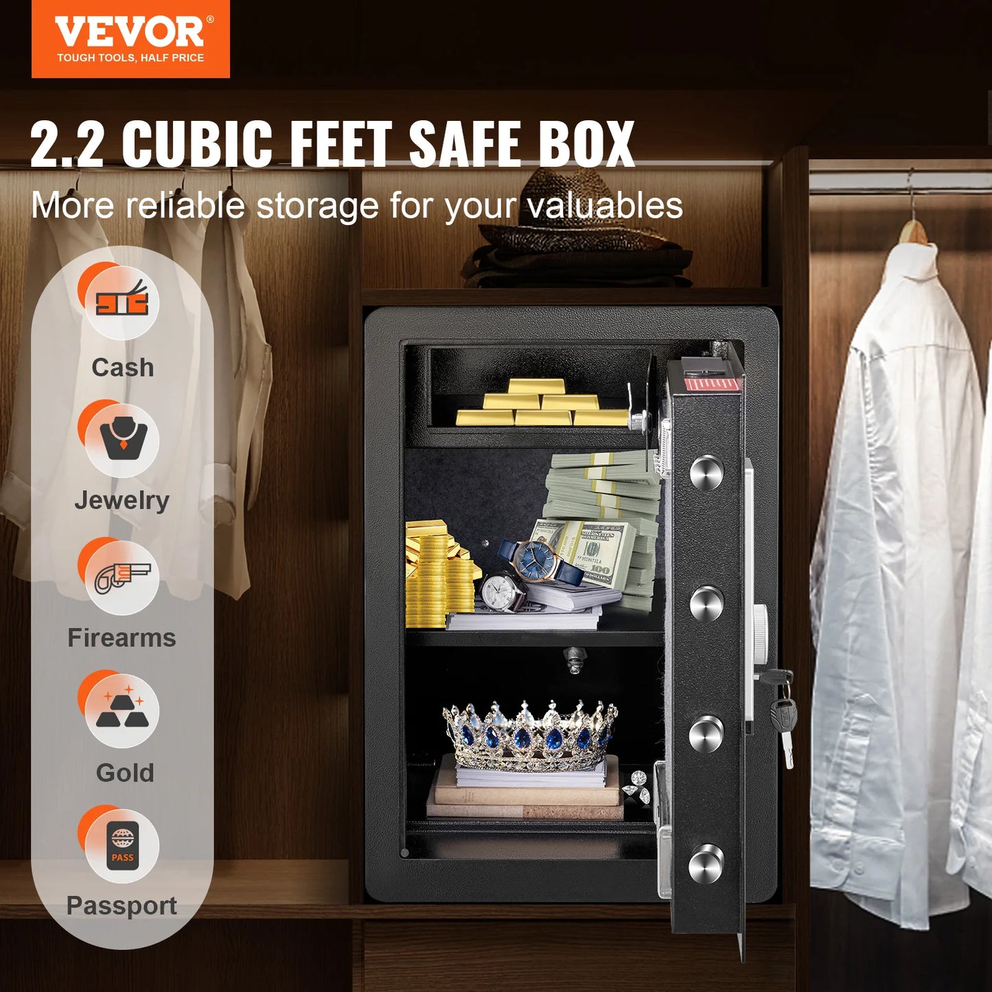 VEVOR Electric Safe 2.2/1.8 Cubic Feet Fingerprint & Digital Security Cabinet Safe W/ Fire-proof Bag for Cash Jewelry Documents FREE Shipping