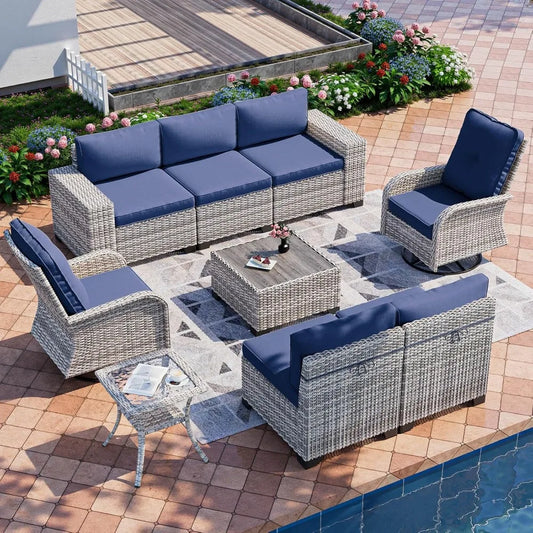 9-Piece Outdoor Patio Furniture Set with Rocking Swivel Chair Wicker Sectional Sofa Set, with Thickened Cushions & Coffee Table FREE SHIPPING