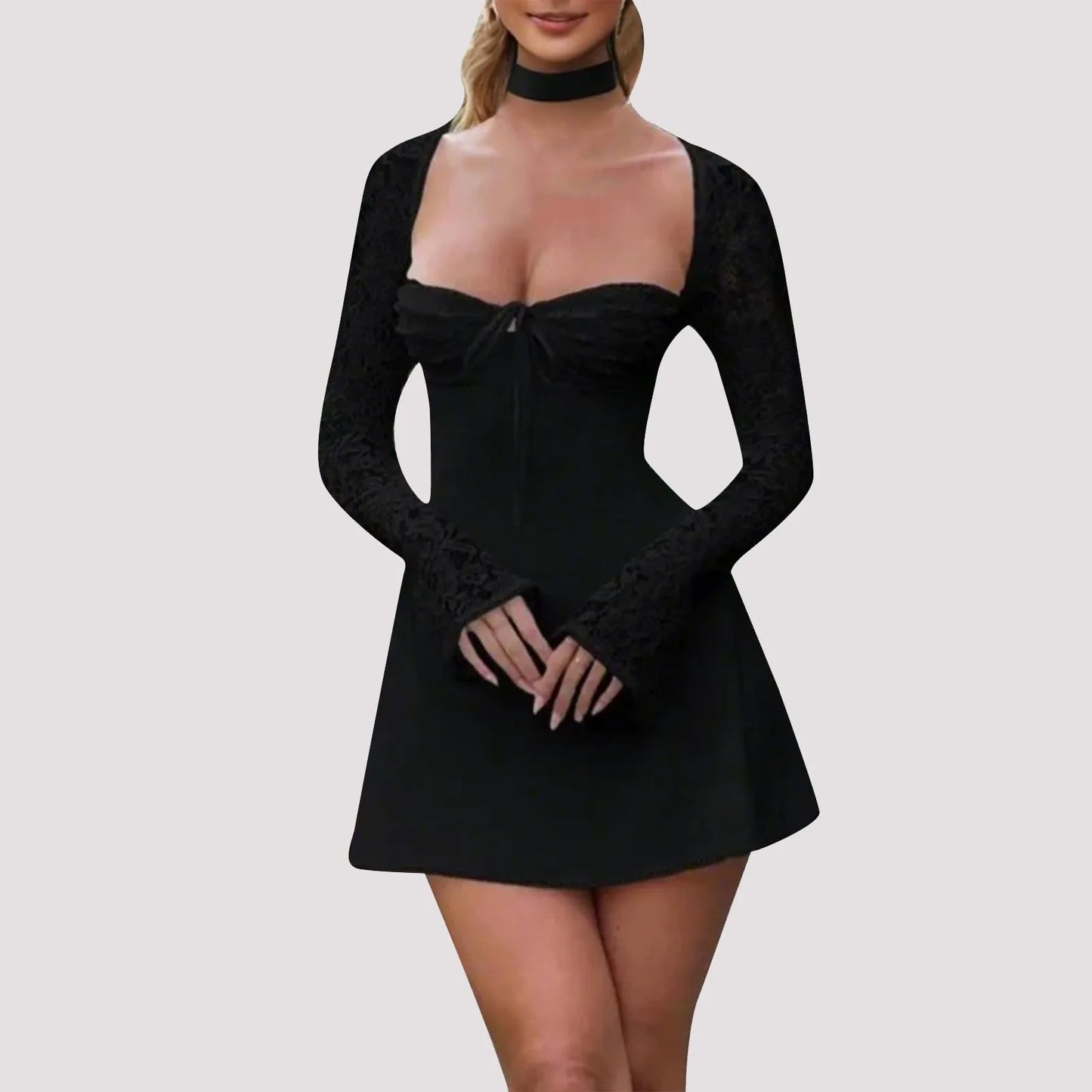 Women’s Elegant Bodycon Mini Dress Lace Long Sleeve White Dress For Spring Summer Low Cut Back Tie Dress Tunic Dress Party Wear Free Shipping