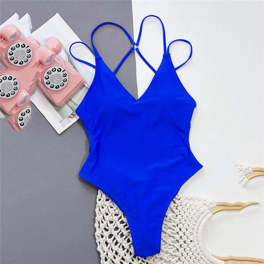 Solid Blue Backless Swimwear One Piece Sexy Swimsuit Women 2025 Back Cross String Bathers High Cut Bathing Suit Swmming Wear FREE Shipping