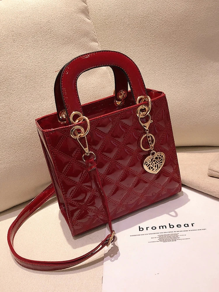 Women's Bright Shoulder Bag Diamond Girl Handbag Fashion Crossbody Bag Car Stitching Craft Pendant Decoration PU Material