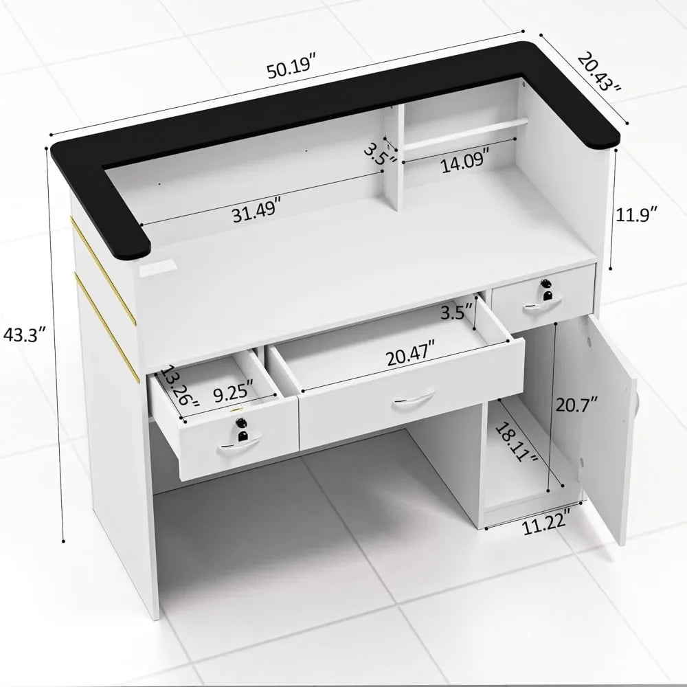 Reception Desk with Counter, Modern Front Table Equipped Lockers & Storage Shelves, 50-inch Checkout Counter with LED Lights & DIY Stripe for Lobbies, Salons, Retail, Home Offices, Reception Room FREE Shipping