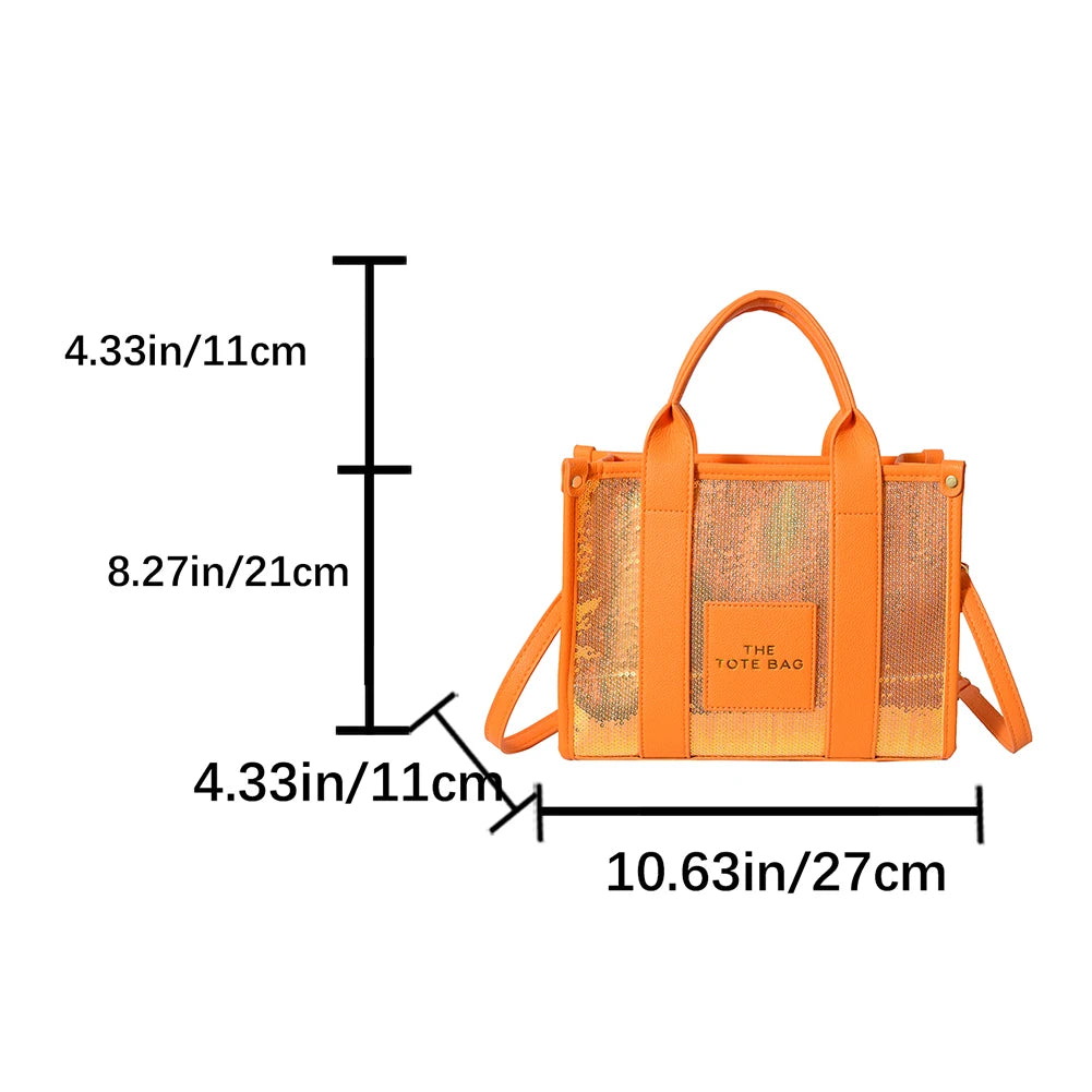 New The Tote Bag Letter Printed Sequins Top-Handle Bag Women Leather Handbag Luxury Designer Glitter Shoulder Crossbody Bag 2023