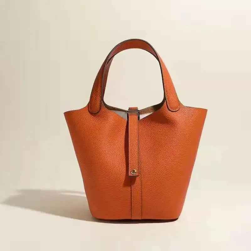 Pikotin Women's Handbag Large Capacity Togo Leather Bucket Bag Headlayer Cow Leather Water Bucket Shape