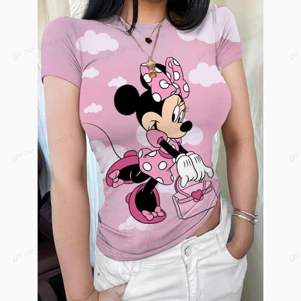 Mickey Mouse Women's Crew Neck Short Sleeve Tops Double Lined Slim Fit T Shirts Basic Tee Smoke Cloud Pro Collection