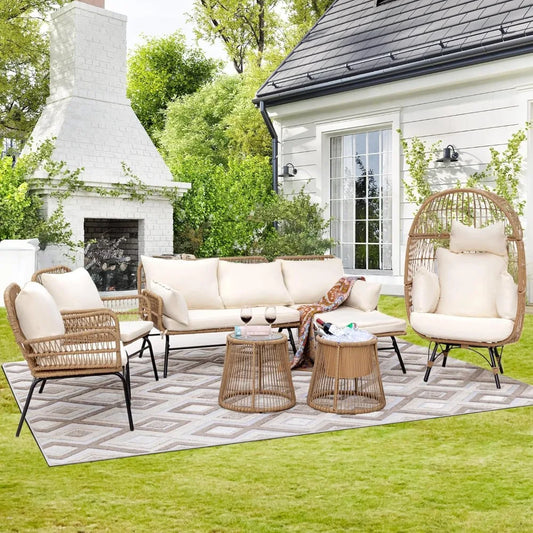 7-piece Bohemian Style Outdoor Courtyard Furniture Sofa Set, Including Egg Chairs, L-shaped Leisure Chairs, and Beige Cushions FREE Shipping
