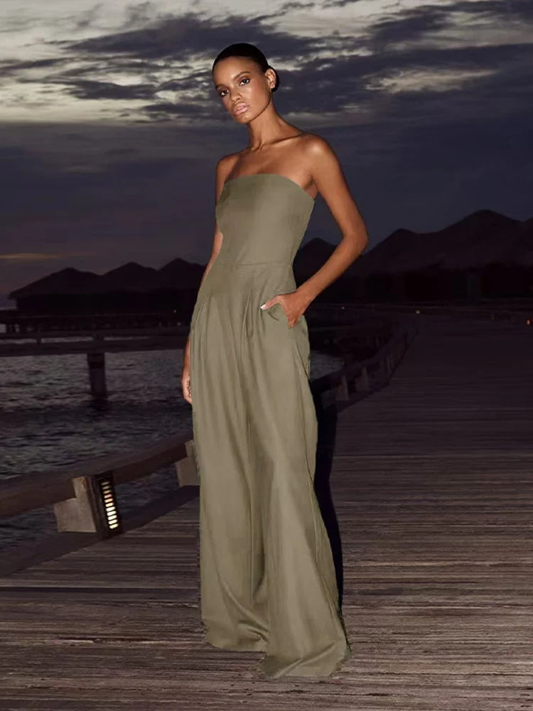 Solid Backless Women's Jumpsuit Solid Off Shoulder Waist Cinching Pockets Wide Leg Pants Lady Bodysuit Summer Female Outwears Braga de moda
