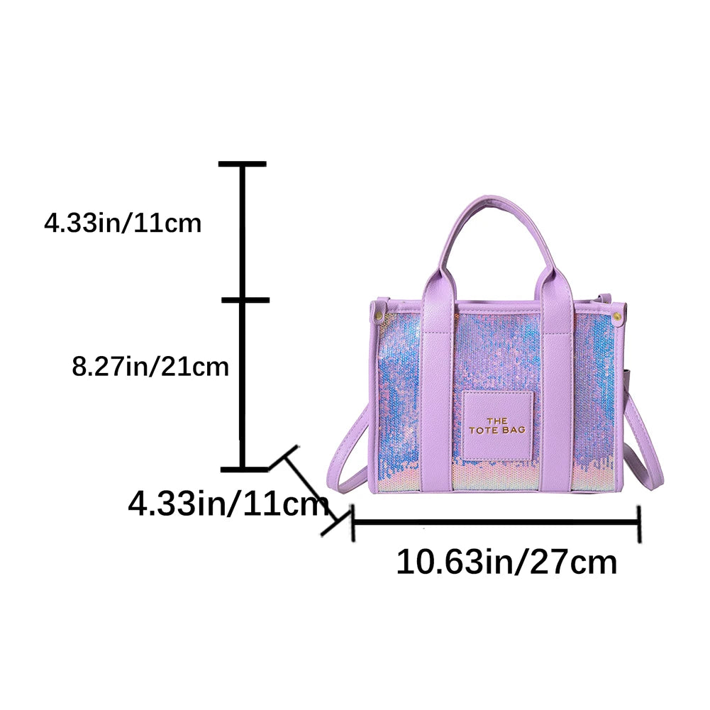 New The Tote Bag Letter Printed Sequins Top-Handle Bag Women Leather Handbag Luxury Designer Glitter Shoulder Crossbody Bag 2023