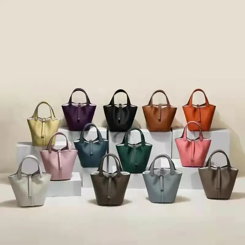 Pikotin Women's Handbag Large Capacity Togo Leather Bucket Bag Headlayer Cow Leather Water Bucket Shape