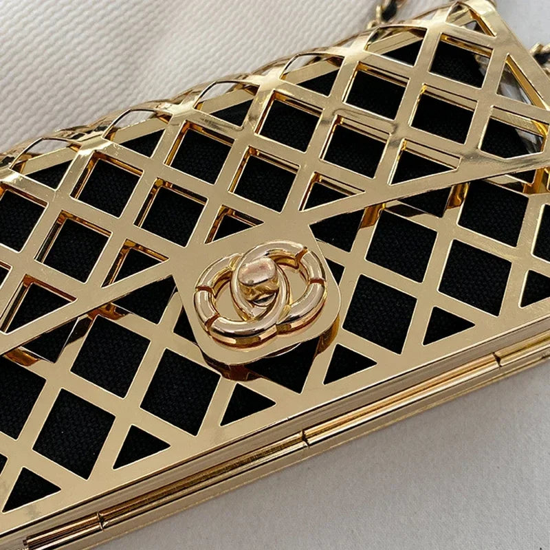 New Style Metal Small Square Handbag Lady Hollow Personality Elegant Evening Messenger Bag All-in-one Chain Shoulder Dinner Bags