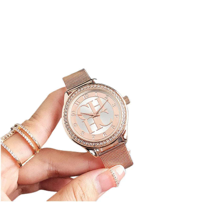 Carolina Herrera Elegant Logo Fashion Mesh Crystal Watch Design Sense Brand Stainless Steel Women's Watch Temperament High-end Diamond Watch FREE SHIPPING