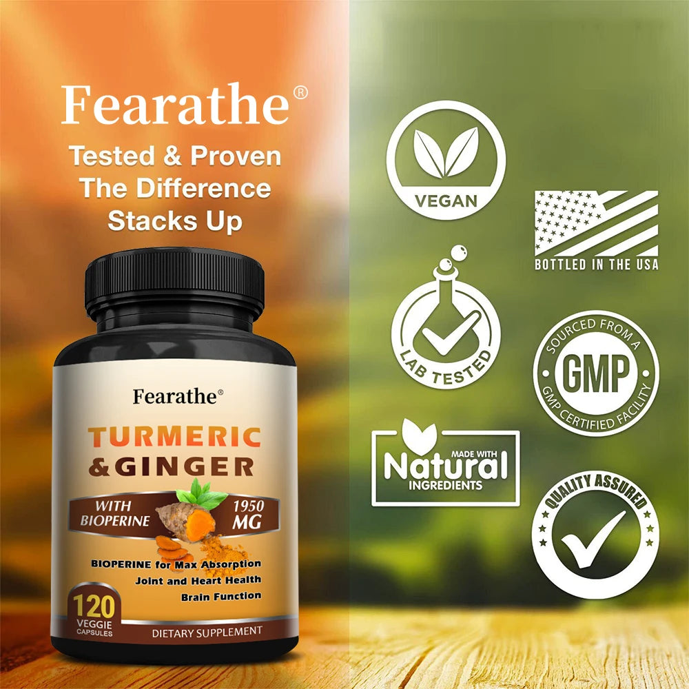 Turmeric Ginger Capsules with BioPerine 1950 Mg - Black Pepper for Better Absorption, Natural Joint, Heart and Brain Support FREE Shipping