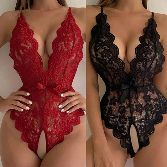 Sexy Lingerie Women Sleepwear Open Croth Bodysuit Teddy Transparent Lace Lingerie Deep V Open Bra Lenceria Porno Underwear Set FREE Shipping