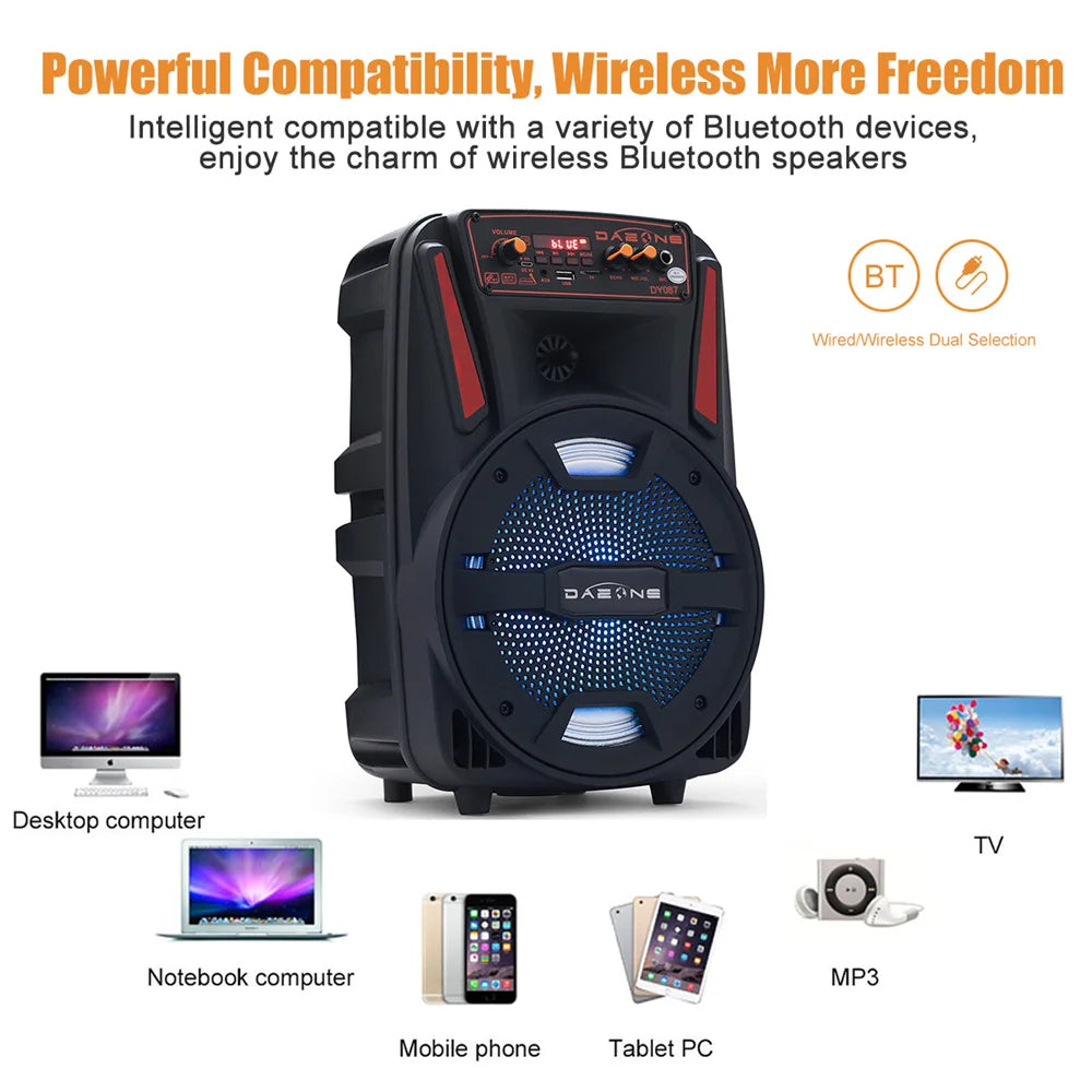 8"1000W Portable Bluetooth Speaker Heavy Bass Sound System Party DJ With Remote and microphone Led Light USB TF Subwoofer Free Shipping