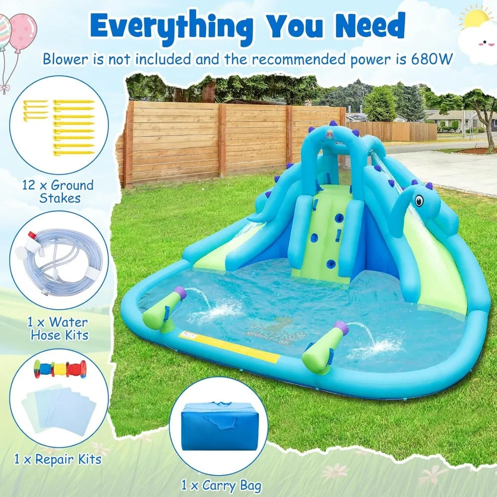 Inflatable Water Slide, Dinosaur Water Bounce House Park for Kids and Adults Outdoor, Dual Slides & Splash Pool, Wet Dry Combo FREE SHIPPING