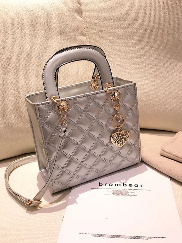 Women's Bright Shoulder Bag Diamond Girl Handbag Fashion Crossbody Bag Car Stitching Craft Pendant Decoration PU Material