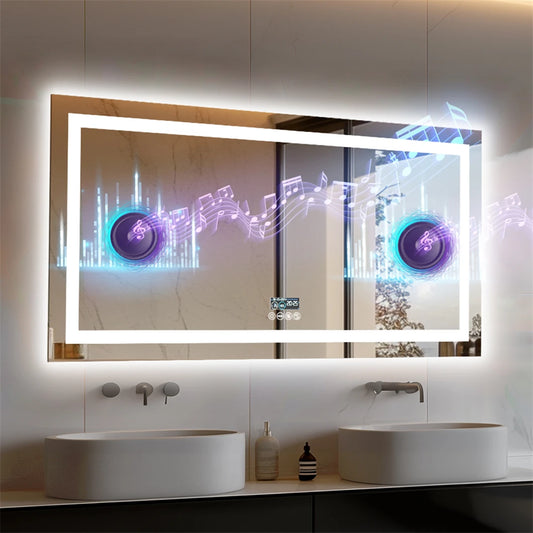XXL Bathroom Mirror Smart LED Vanity Mirror Wall Mounted with Bluetooth, Digital Display, Back Front Lit,Anti Fog for Hotel Hall FREE Shipping