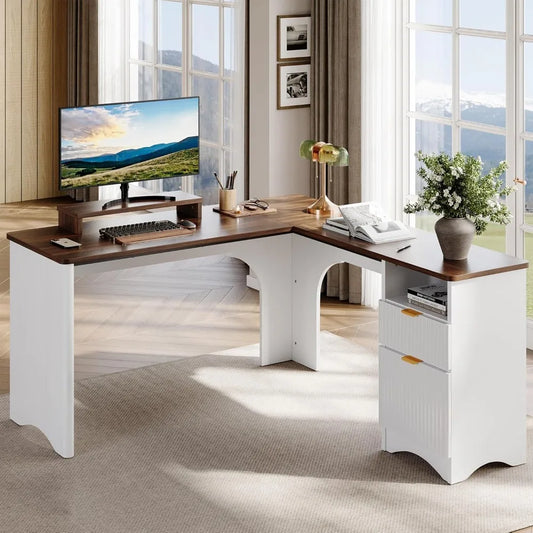 L Shaped Desk with File Drawer, 55.7" x 55" Office Computer Desk with Round Corners, Modern Desk with Monitor Stand &Fluted Free Shipping