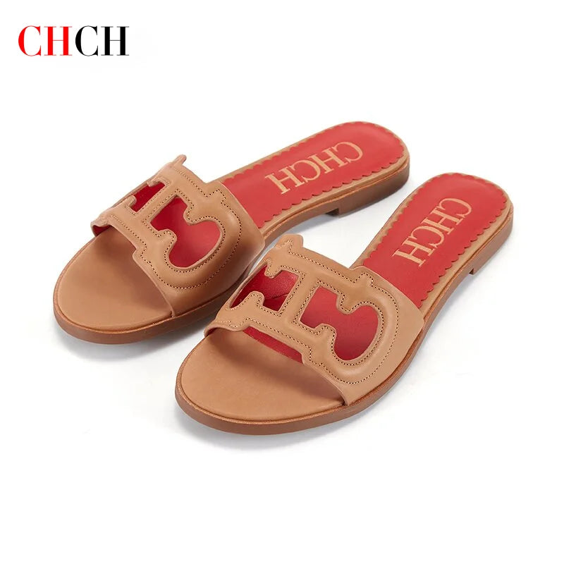 CH Women's Slippers 2024 Simple Black Flat Flat Women's Shoes Home Indoor Slippers