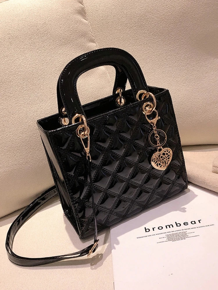 Women's Bright Shoulder Bag Diamond Girl Handbag Fashion Crossbody Bag Car Stitching Craft Pendant Decoration PU Material