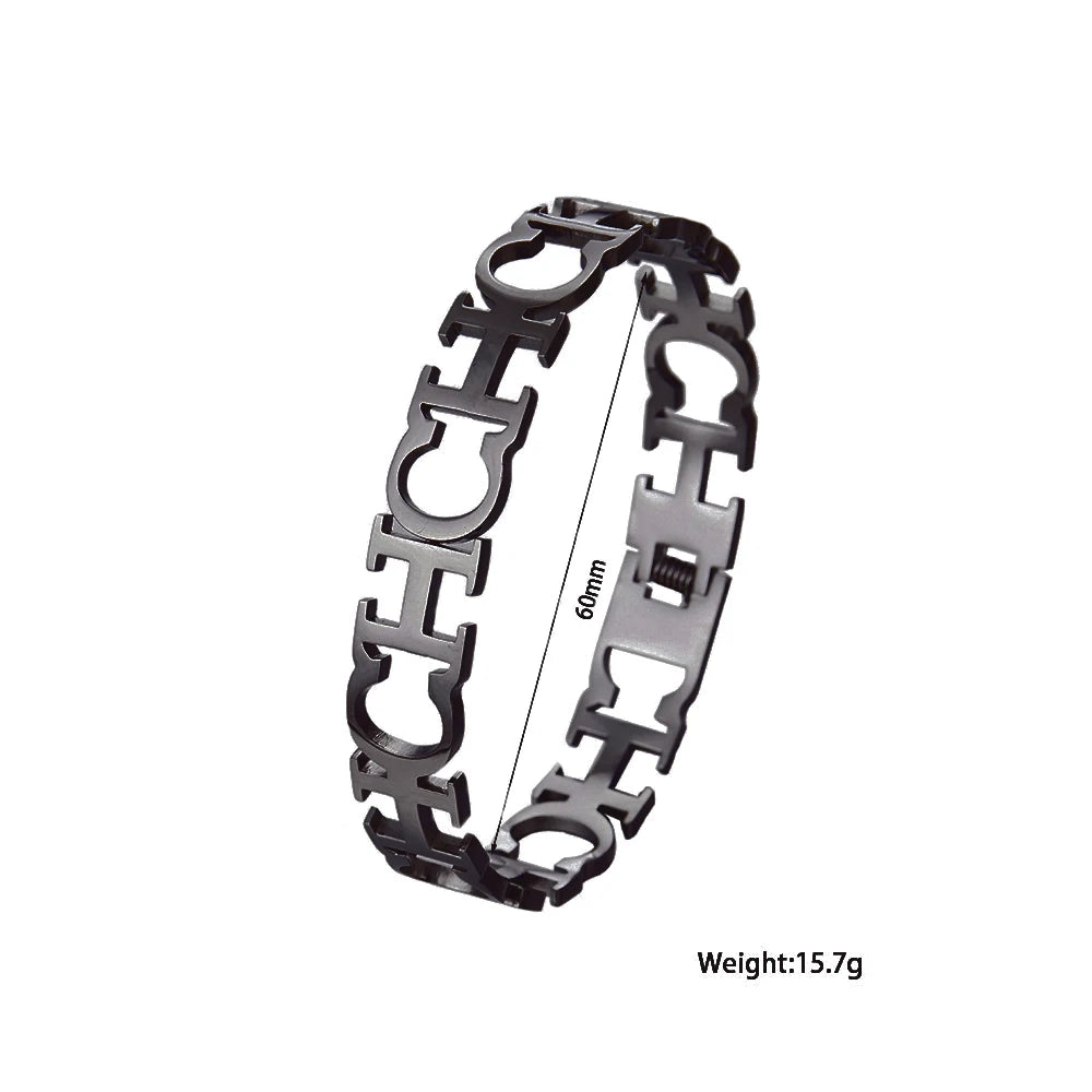 Classic letter cut black enamel gold plated stainless steel bracelet, high quality waterproof silver jewelry