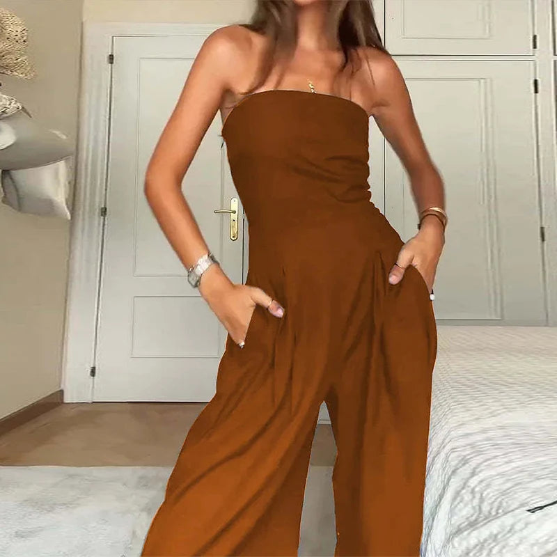 Solid Backless Women's Jumpsuit Solid Off Shoulder Waist Cinching Pockets Wide Leg Pants Lady Bodysuit Summer Female Outwears Braga de moda
