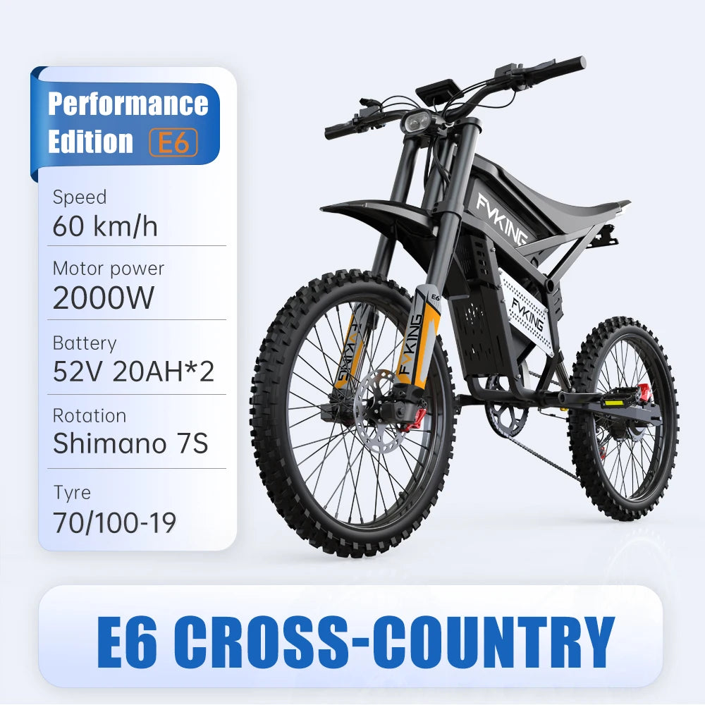 FVKING E6 Electric Motorcycle 2500W(Peak) Motors 120km Range Electric Bike 52V40AH Battery Speed 60Kmh Mountain E-bikes Adults FREE Shipping