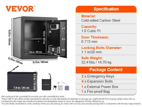 VEVOR Electric Safe 2.2/1.8 Cubic Feet Fingerprint & Digital Security Cabinet Safe W/ Fire-proof Bag for Cash Jewelry Documents FREE Shipping