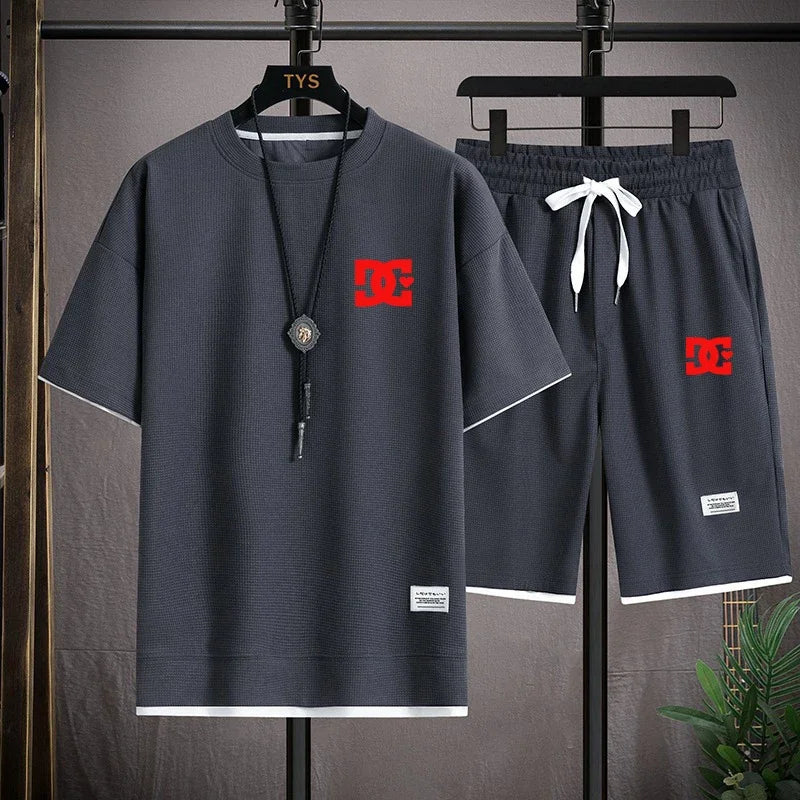 Men's two-piece summer suit, casual T-shirt and shorts, sportswear, fashion sweatshirt, couple short-sleeved suit
