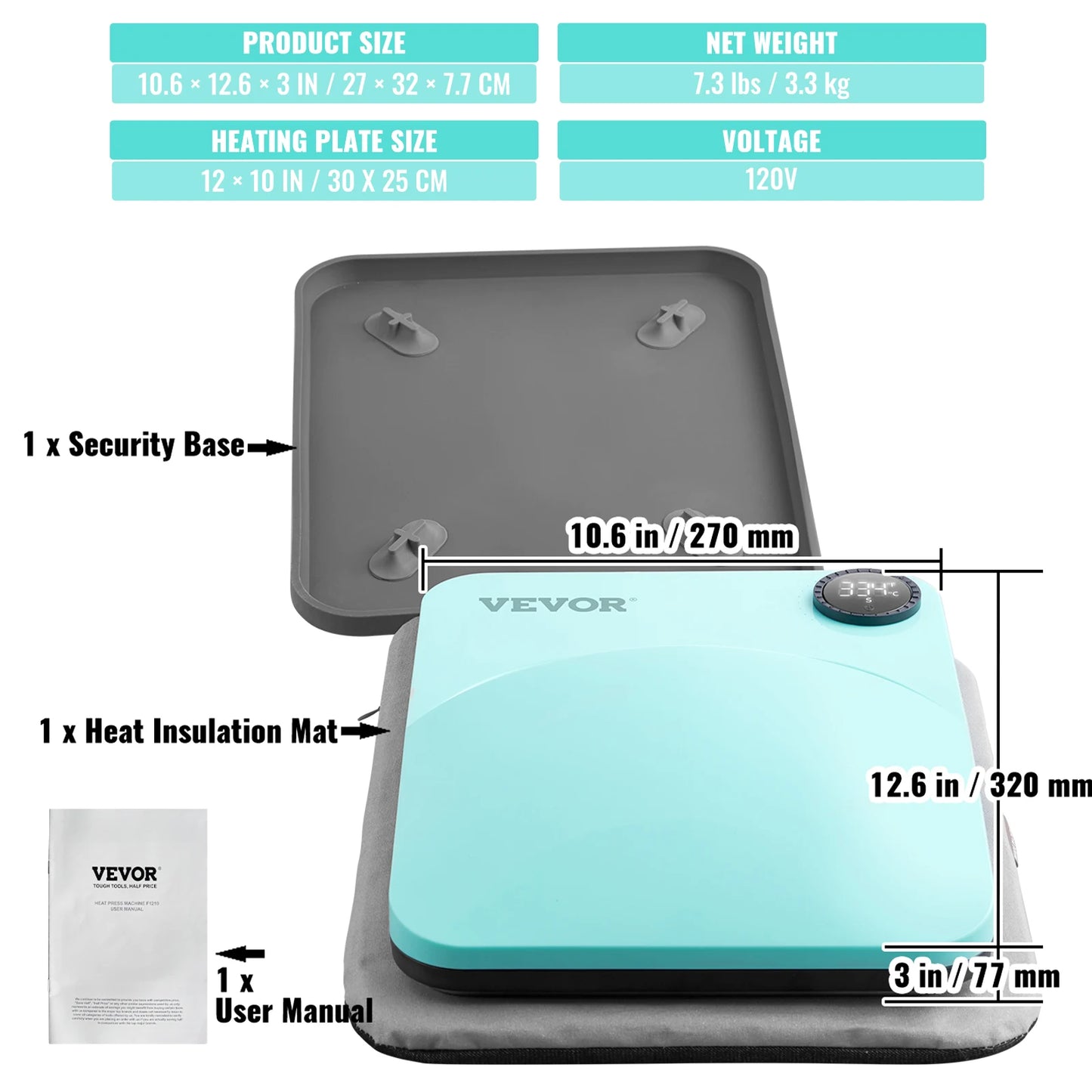 VEVOR 9x9/12x10 in Portable Heat Press Machine DIY Shirt Printing Multifunctional Sublimation Transfer for HTV Vinyl T-shirt Bag