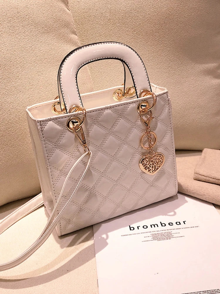 Women's Bright Shoulder Bag Diamond Girl Handbag Fashion Crossbody Bag Car Stitching Craft Pendant Decoration PU Material