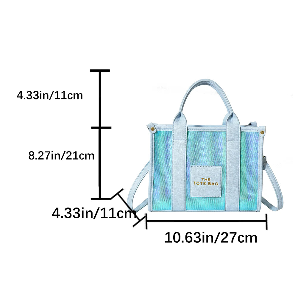 New The Tote Bag Letter Printed Sequins Top-Handle Bag Women Leather Handbag Luxury Designer Glitter Shoulder Crossbody Bag 2023