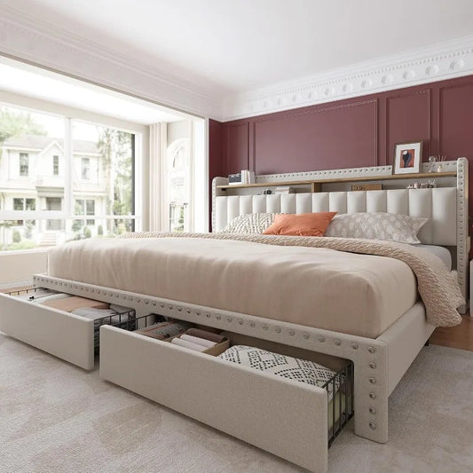 King Size Bed Frame with Storage and Headboard, Upholstered King Bed Frame with Storage, King Bed Frame  Free Shipping