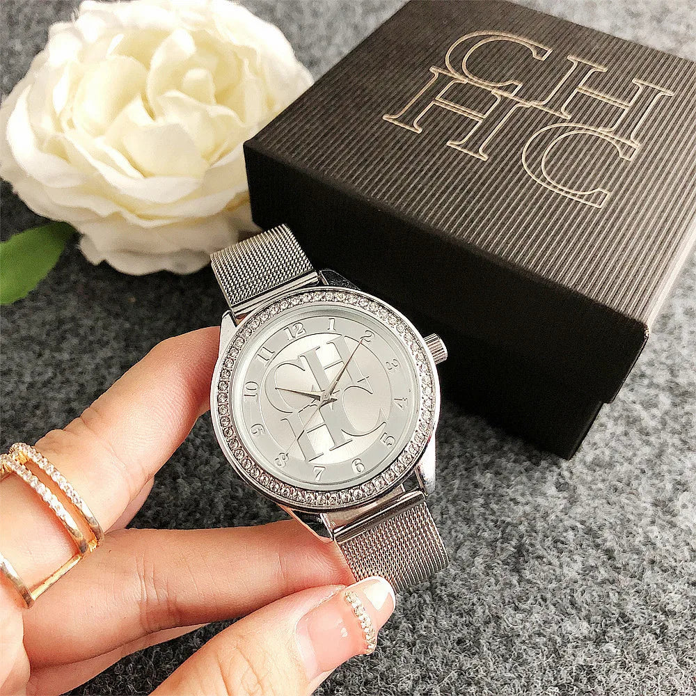 Carolina Herrera Elegant Logo Fashion Mesh Crystal Watch Design Sense Brand Stainless Steel Women's Watch Temperament High-end Diamond Watch FREE SHIPPING