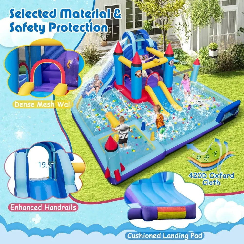 Inflatable Water Slide, Giant Waterslide Park Bounce House, Splash Pool, Volleyball & Football Goal, Blow Up Slides Inflatables