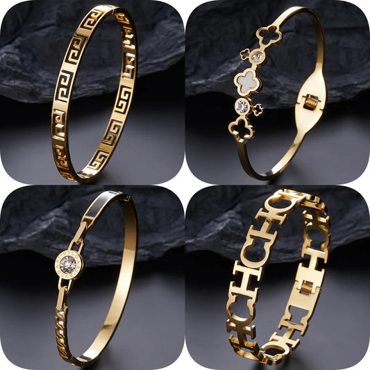 Classic letter cut black enamel gold plated stainless steel bracelet, high quality waterproof silver jewelry