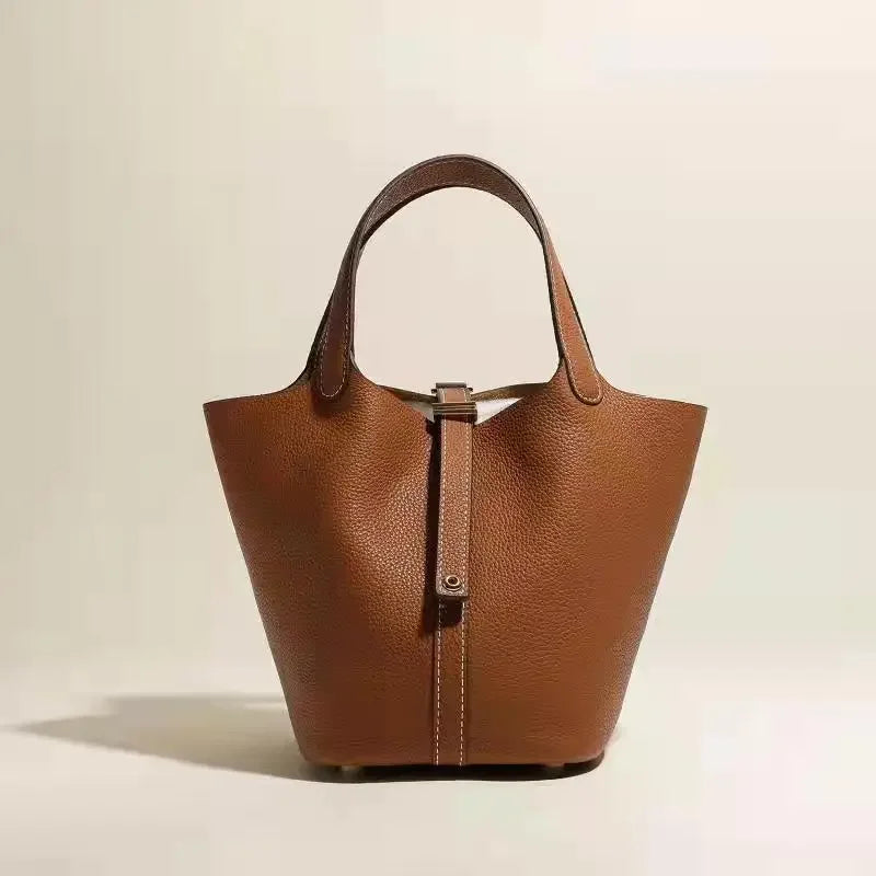 Pikotin Women's Handbag Large Capacity Togo Leather Bucket Bag Headlayer Cow Leather Water Bucket Shape