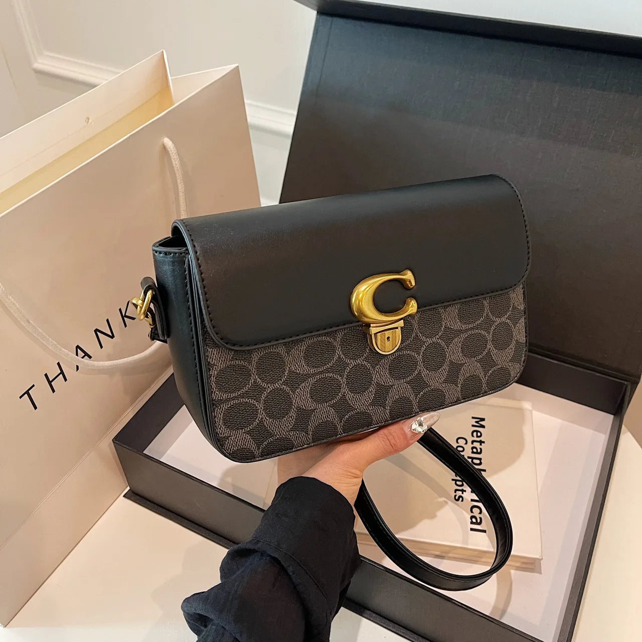 COACH Old Flower Classic Small Square Bag with Chic Color Matching Shoulder Messenger Bag for Fashion Enthusiasts FREE Shipping