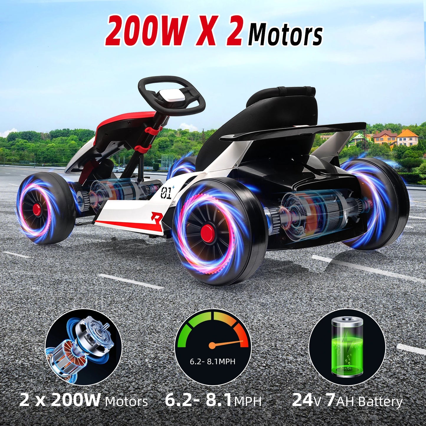 High Speed Electric Go Kart for Kids 24V7Ah Battery Pedal Drift Kart with Two 150W Motors Ride on Toys for Kids Ages 6+