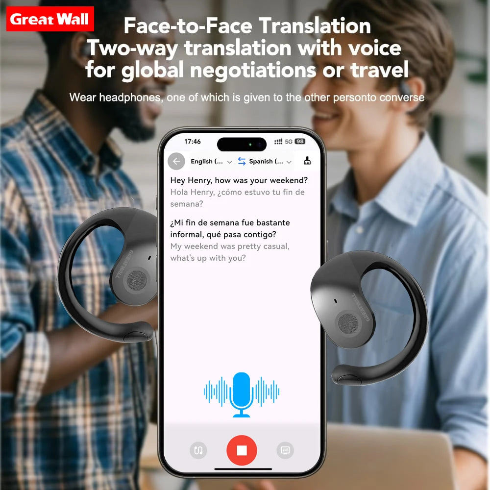 GreatWall AI Real-Time Translation Wireless Bluetooth Earphones Supporting Over 100 Voice Languages Translation Headphones FREE Shiping
