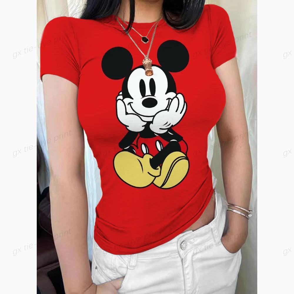 Mickey Mouse Women's Crew Neck Short Sleeve Tops Double Lined Slim Fit T Shirts Basic Tee Smoke Cloud Pro Collection