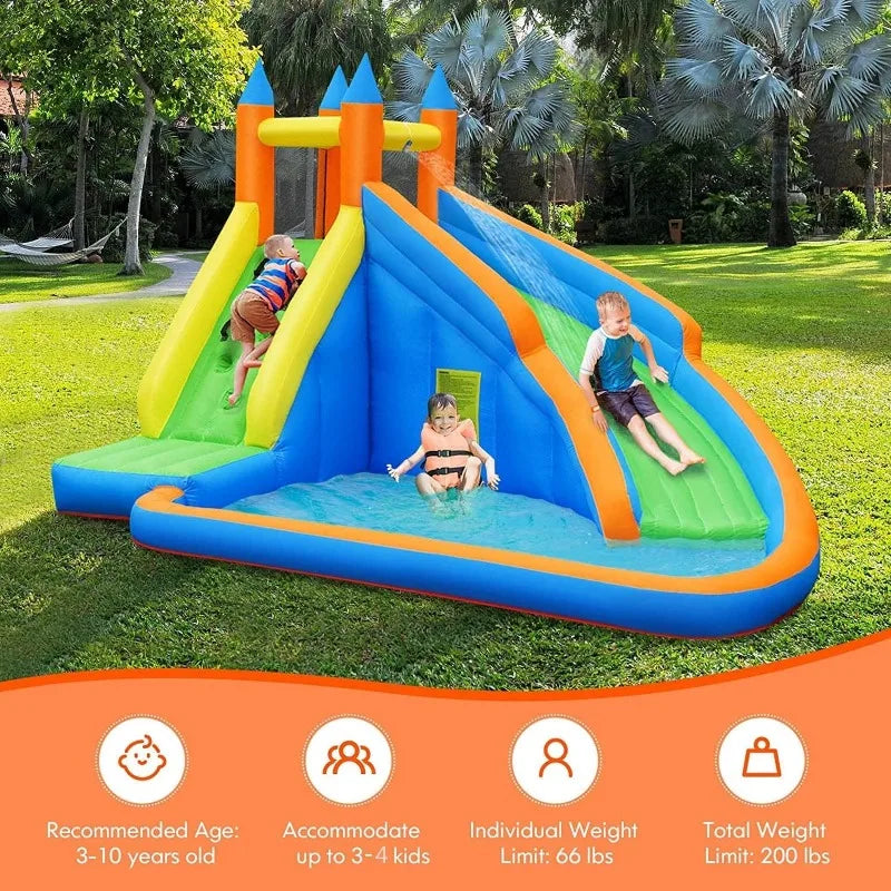 Inflatable Water Slide, Giant Bouncy Waterslide Park for Kids Backyard Outdoor Fun with Climbing Wall, Splash Pool