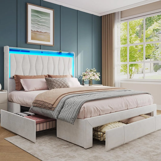 Queen Size Bed Frame with LED Light and 3 Drawers Storage, Upholstered Velvet Platform Bed Frame with Charging Station Free Shipping
