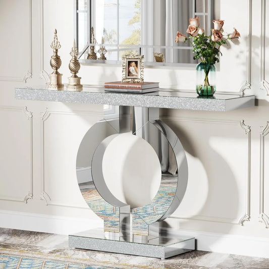 Modern Mirrored Console Table, Glass Sofa Table with Mirror Finish, 43-Inch Entryway Table with O-Shaped Base, Rectangular Acce Free Shipping