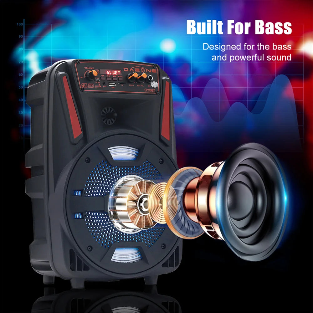 8"1000W Portable Bluetooth Speaker Heavy Bass Sound System Party DJ With Remote and microphone Led Light USB TF Subwoofer Free Shipping